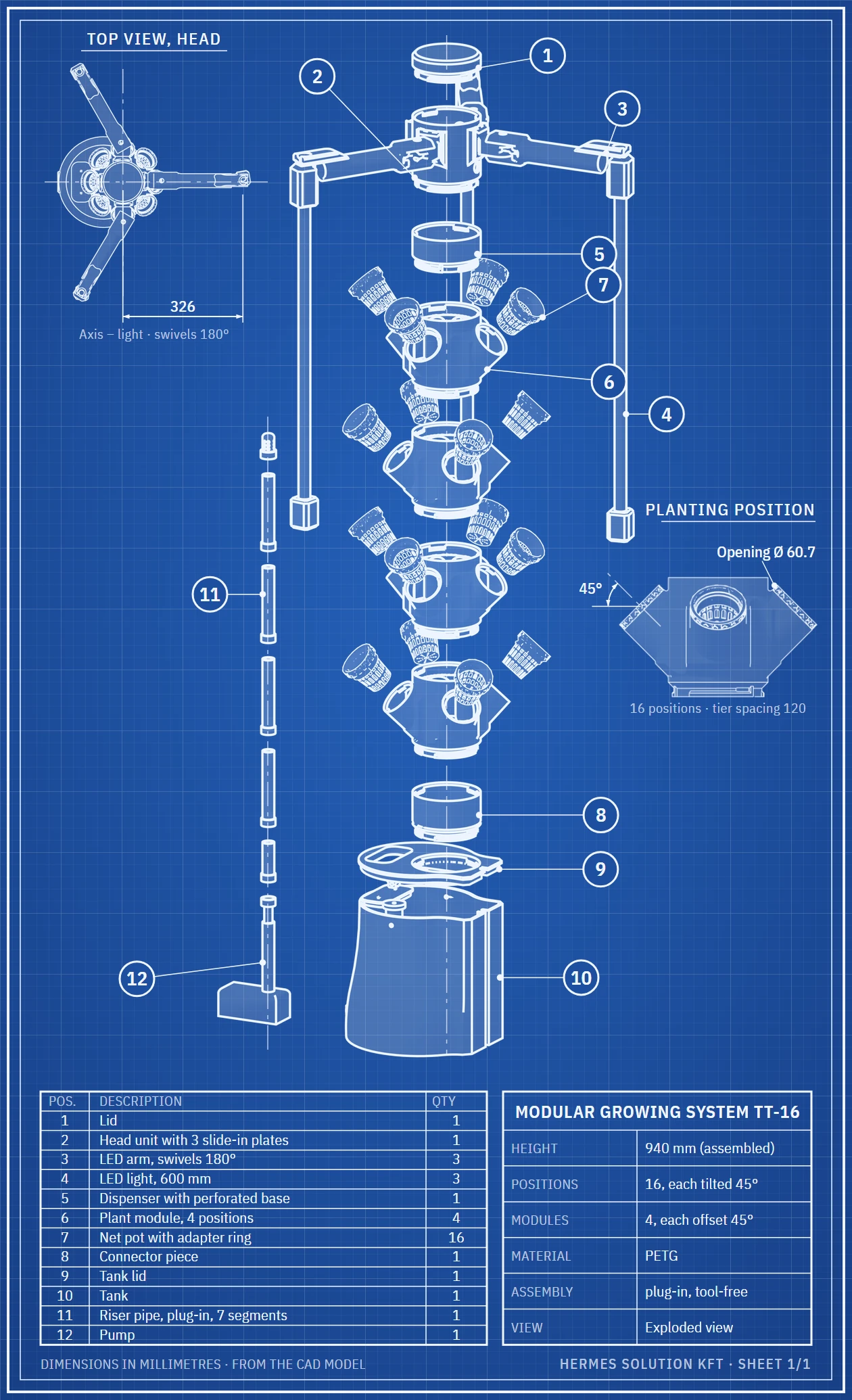 Blueprint: exploded view of the modular growing system TT-16 with parts list, top view and planting position detail