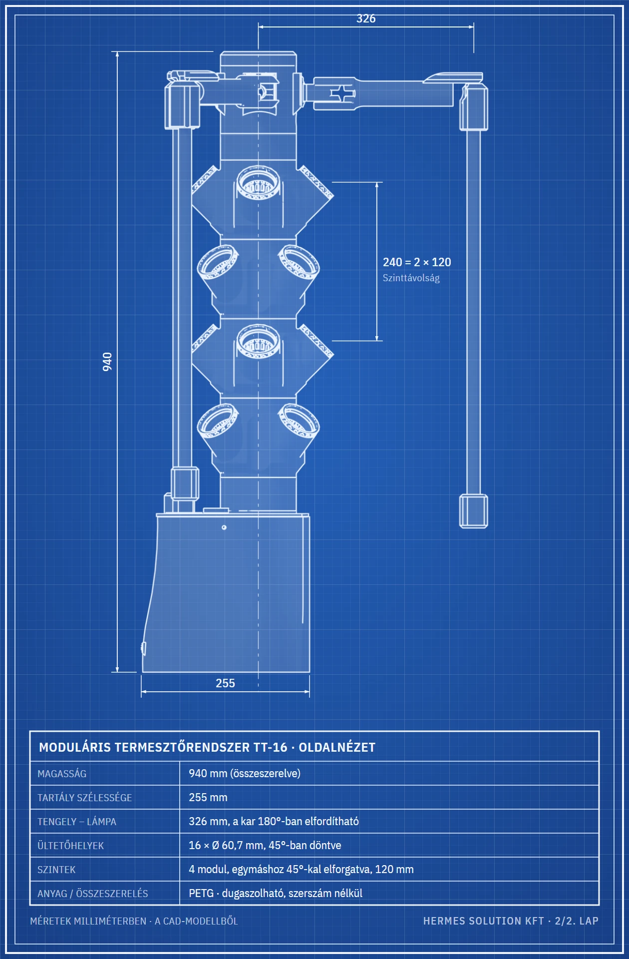 Tervrajz: a TT-16 összeszerelve, oldalnézet méretekkel, magasság 940 mm