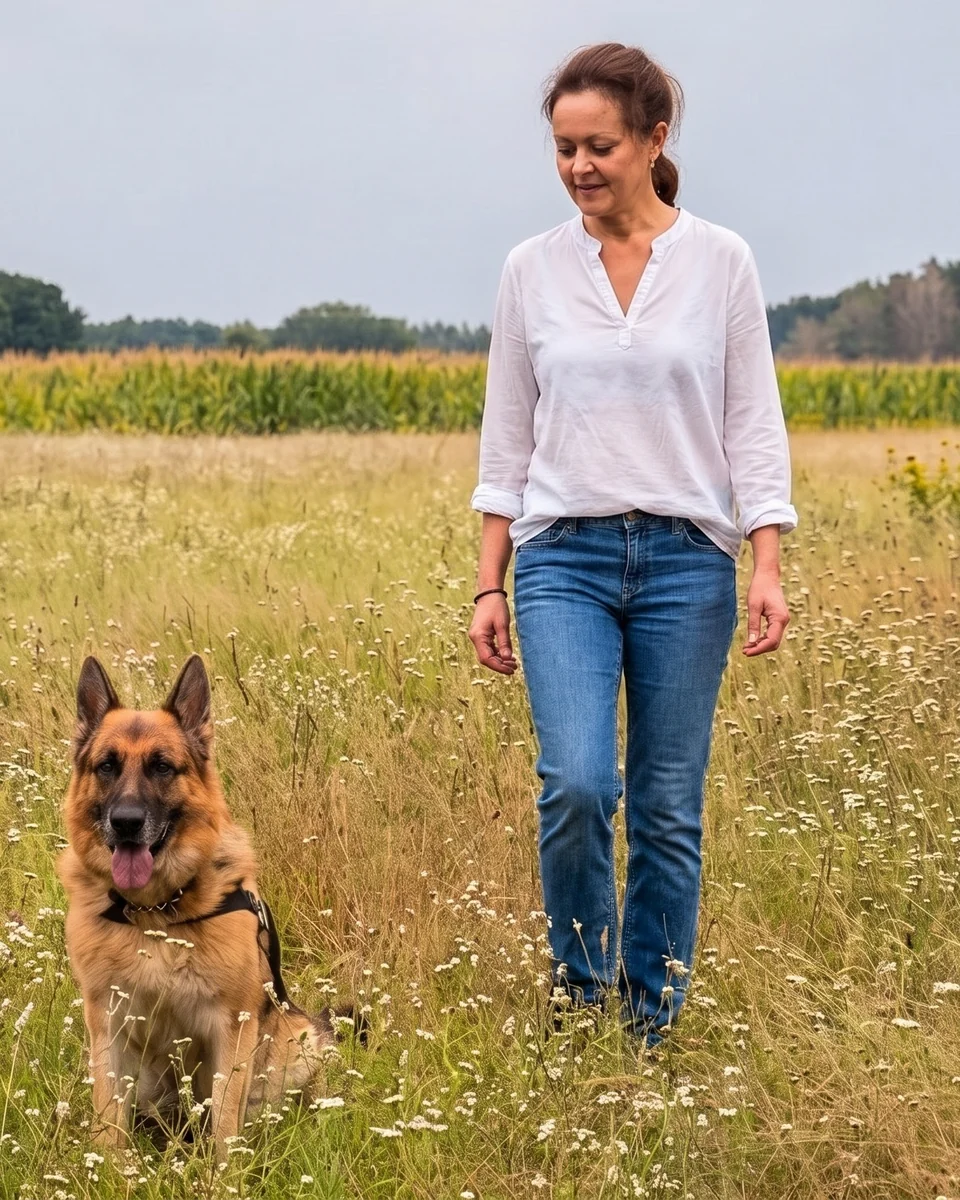 Vanya Kostova mit Schäferhund auf einer Wiese